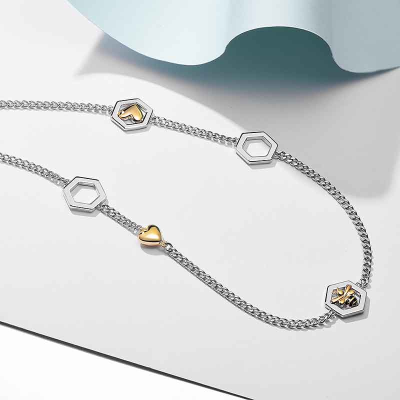 Bee & Heart Two-Tone Hexagon Necklace – Stainless Steel