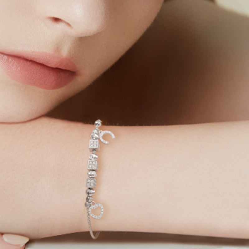 Moon & Heart Charm Silver Bracelet