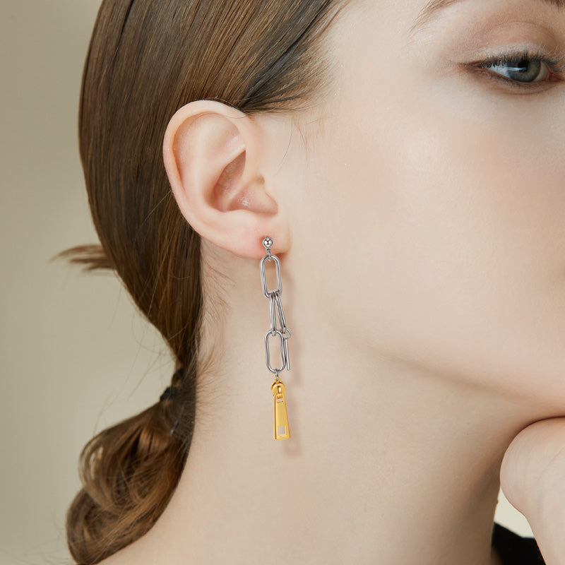 Two-Tone Geometric Chain Drop Earrings – Stainless Steel