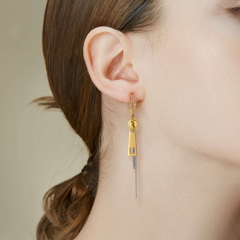 Two-Tone Geometric Chain Drop Earrings – Stainless Steel