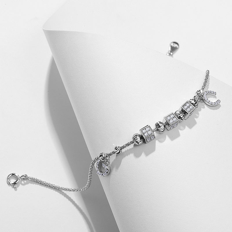 Moon & Heart Charm Silver Bracelet