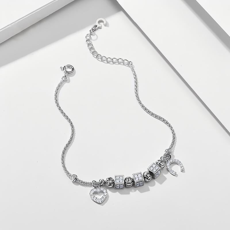 Moon & Heart Charm Silver Bracelet
