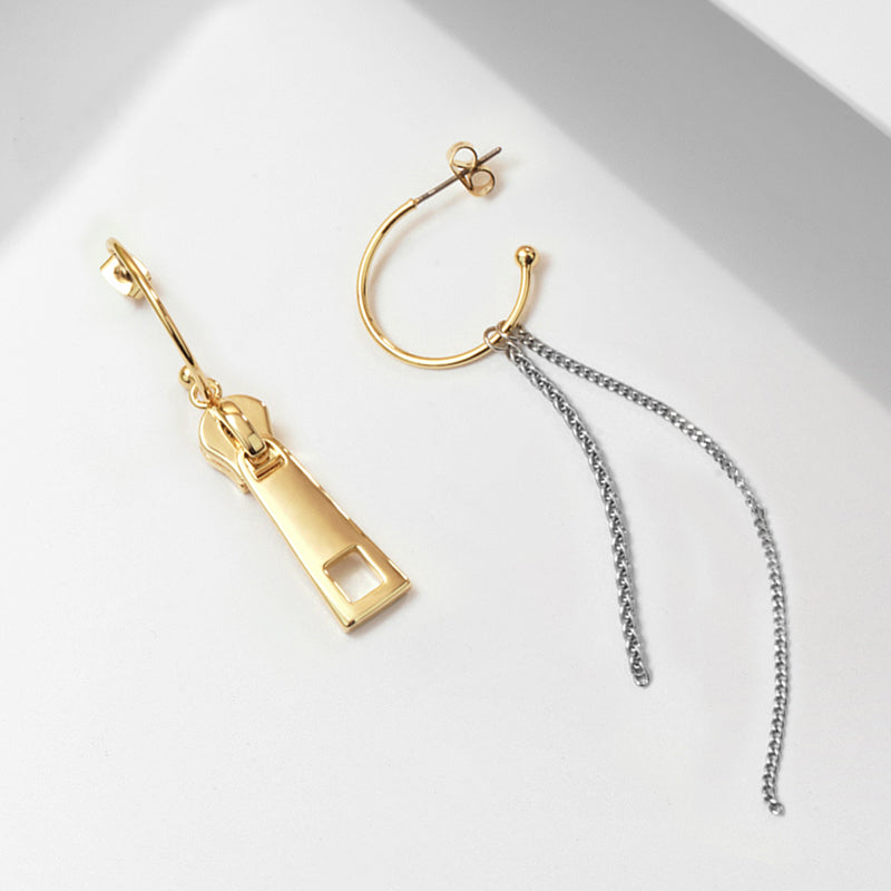 Two-Tone Geometric Chain Drop Earrings – Stainless Steel