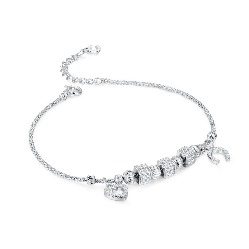 Moon & Heart Charm Silver Bracelet
