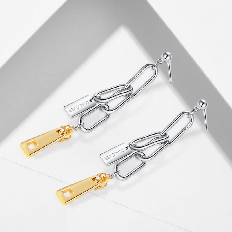 Two-Tone Geometric Chain Drop Earrings – Stainless Steel