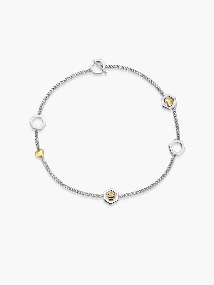 Bee & Heart Two-Tone Hexagon Necklace – Stainless Steel