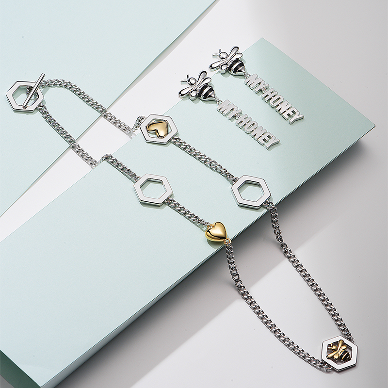 Bee & Heart Two-Tone Hexagon Necklace – Stainless Steel