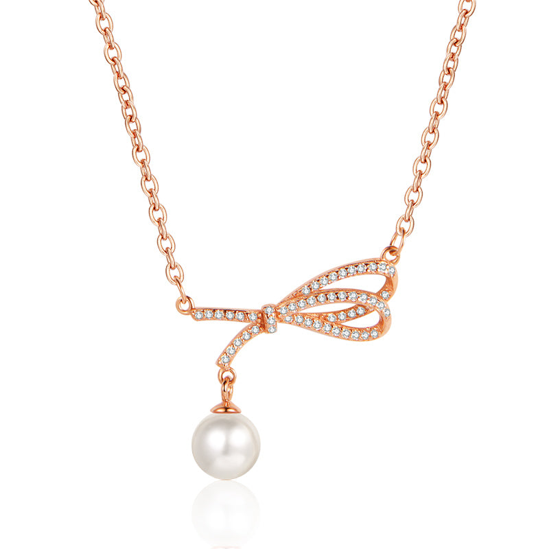 Crystal Bow Pearl Pendant Necklace – Silver