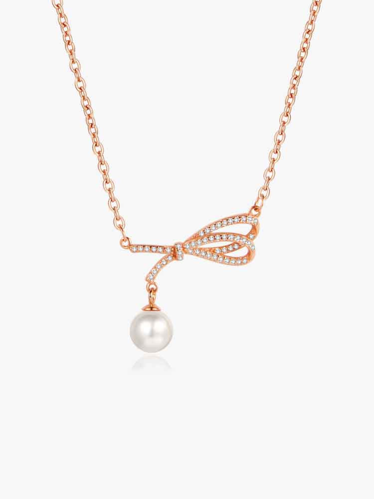 Crystal Bow Pearl Pendant Necklace – Silver