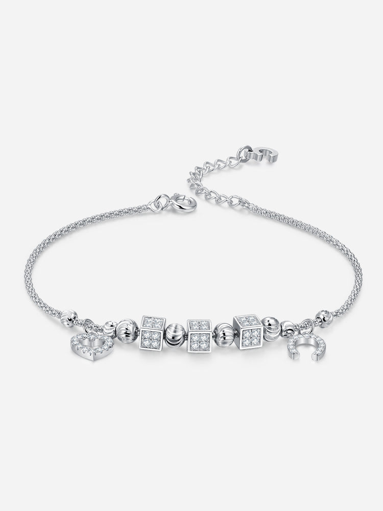 Moon & Heart Charm Silver Bracelet