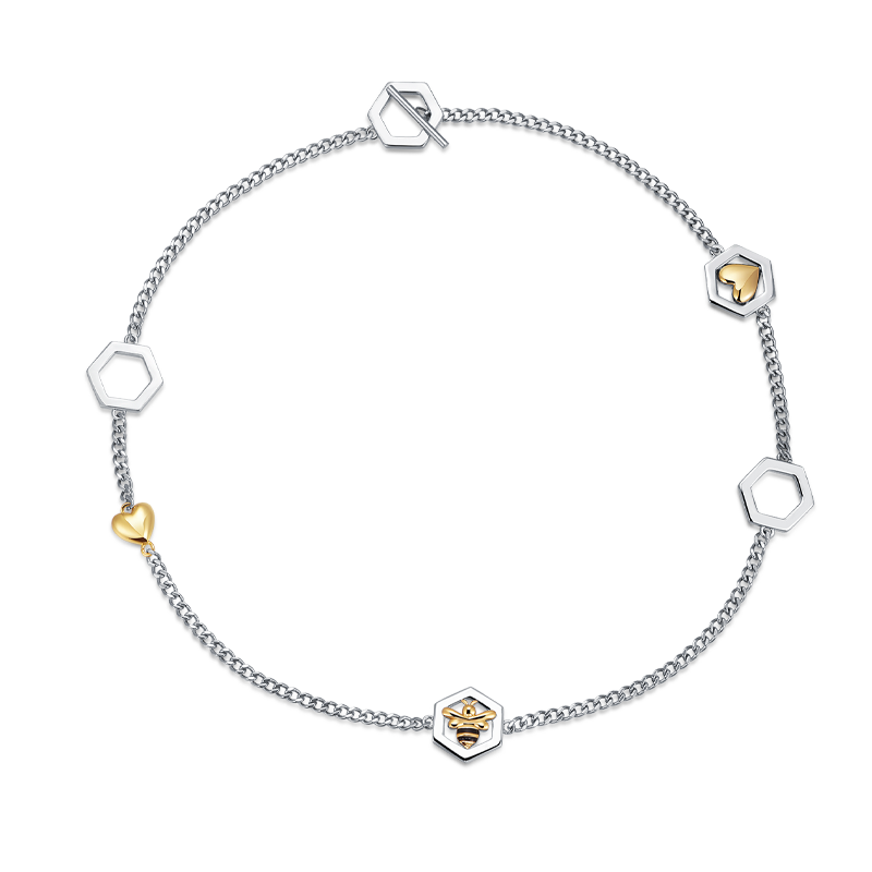 Bee & Heart Two-Tone Hexagon Necklace – Stainless Steel